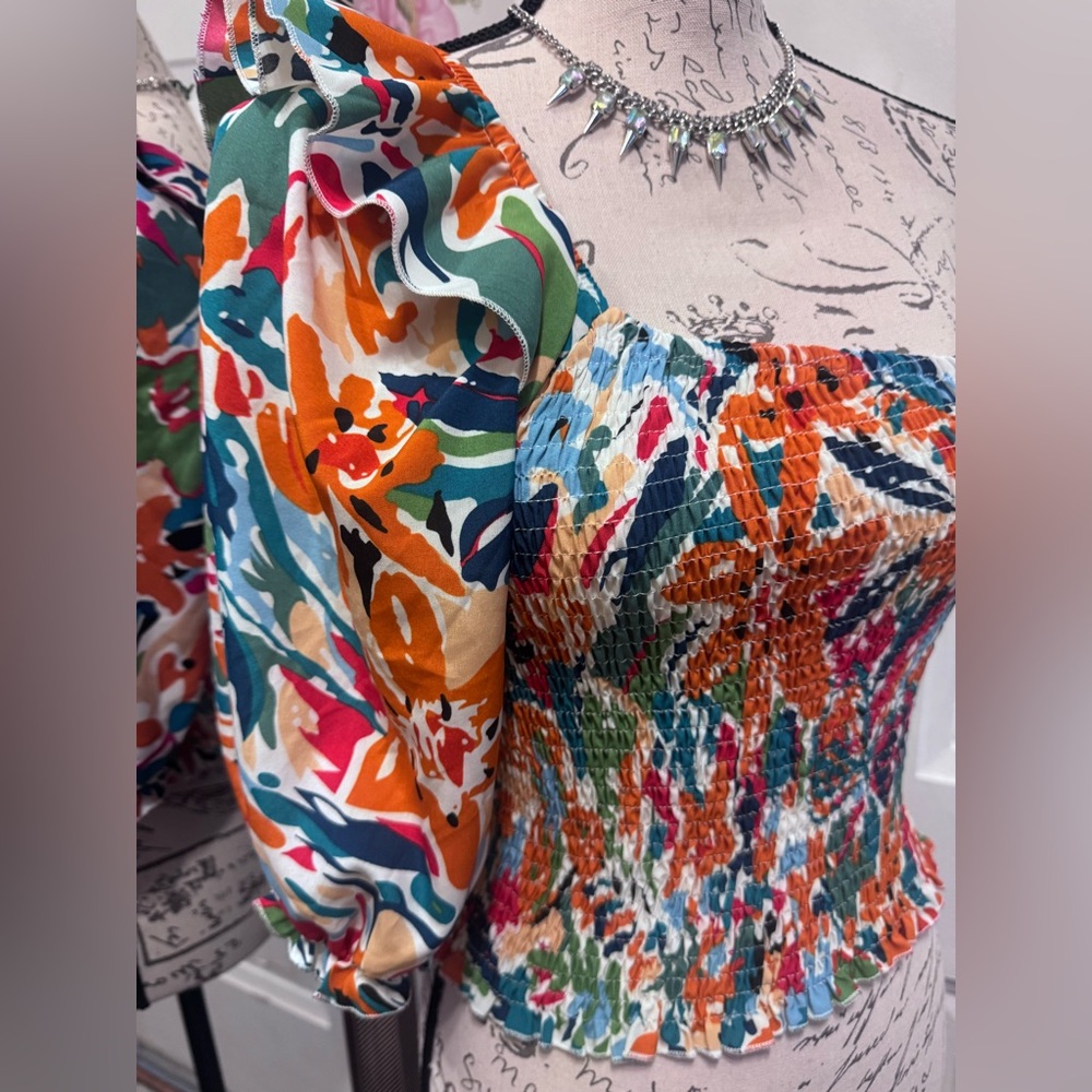 Colorful Floral One-Shoulder Top - Picture 6 of 8